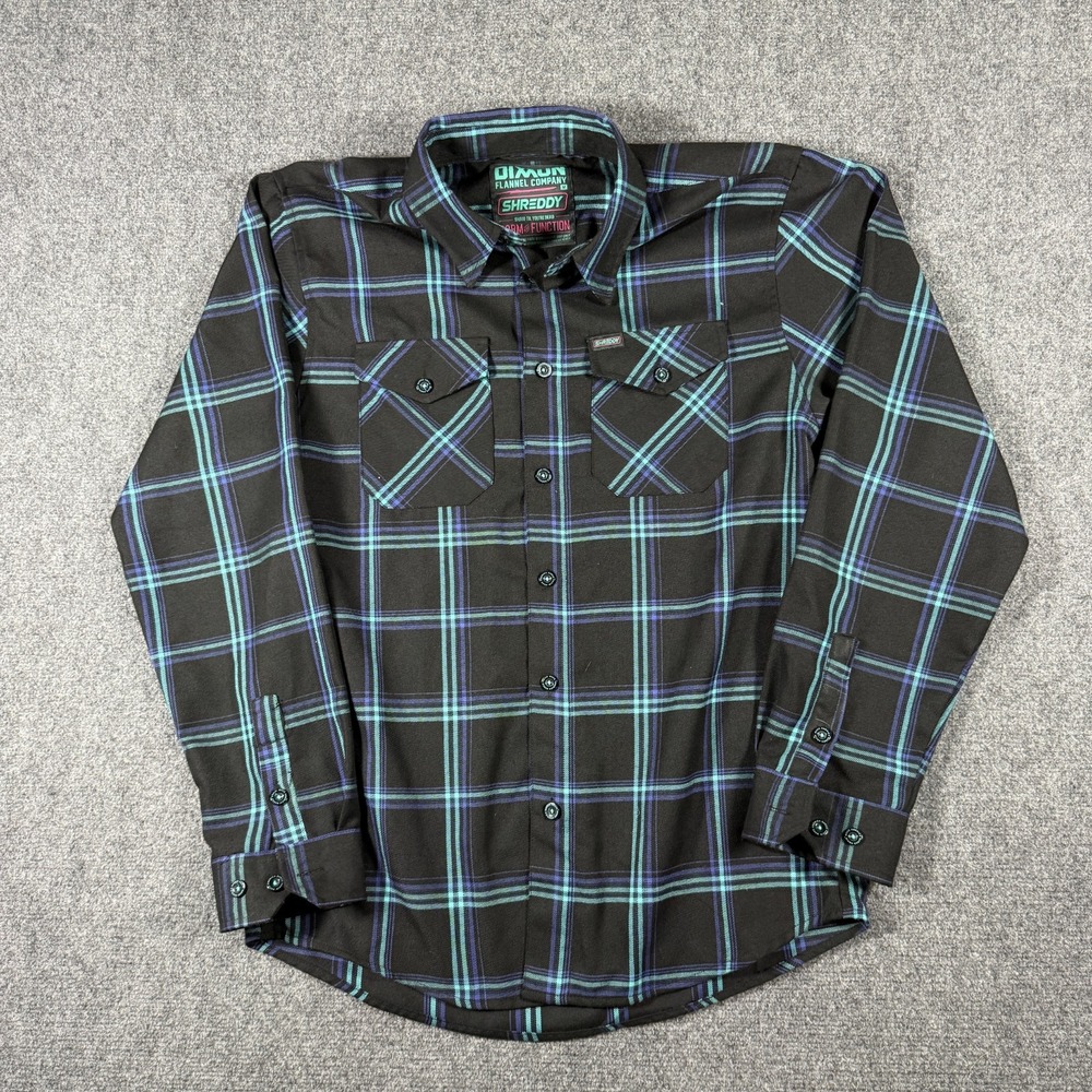 Dixxon Flannel Co Shreddy Teal Purple Black Plaid D-Tech Button Up Shirt Medium